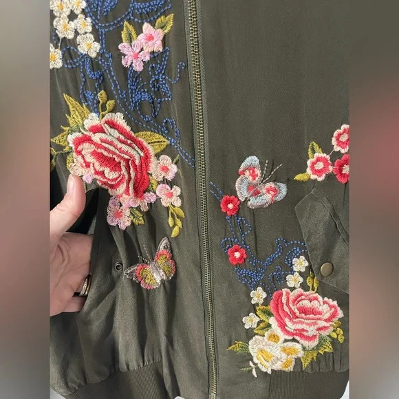 Johnny Was Embroidered Floral Olive Bomber Jacket - Picture 3 of 8